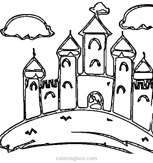 A castle on a hill with clouds Coloring Page