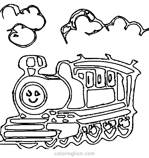 A chubby steam train with a smiling face Coloring Page