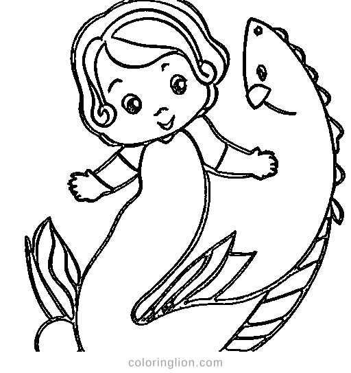 Baby mermaid with a fish friend Coloring Page