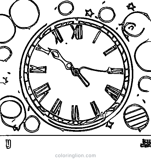 A clock at midnight with confetti Coloring Page