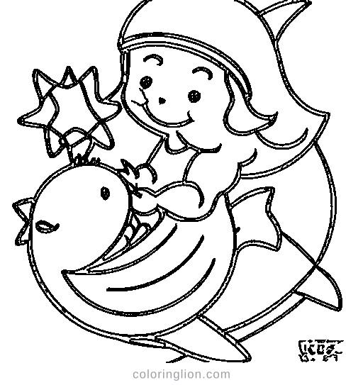 Baby mermaid with a fish friend Coloring Page