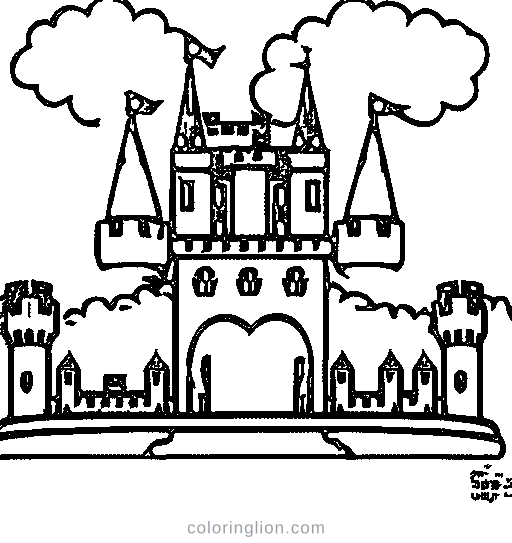 A castle on a hill with clouds Coloring Page